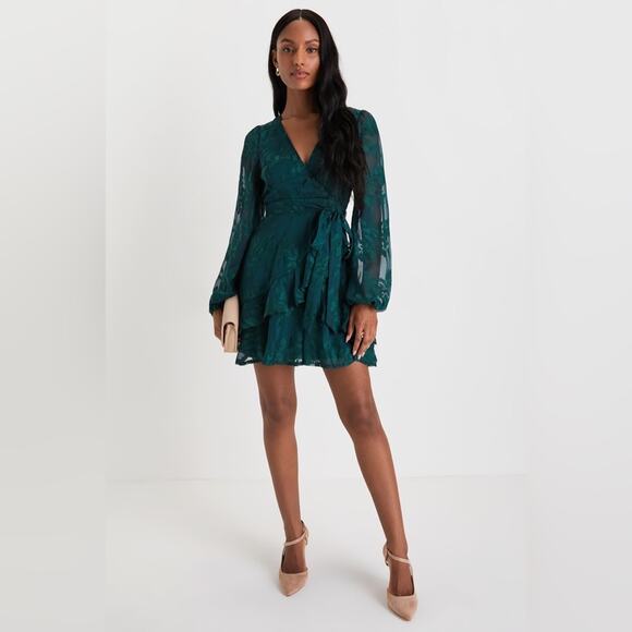 Lulus Inclined To Romance Emerald Green Floral Embroidered Mini Dress NWT - Picture 2 of 11